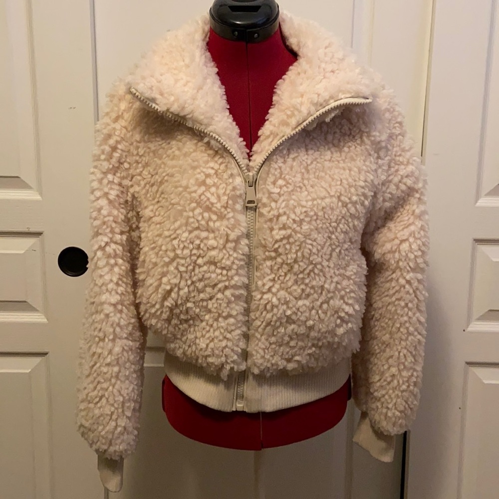 Zara Creme White Teddy Bomber Jacket Coat Size XS